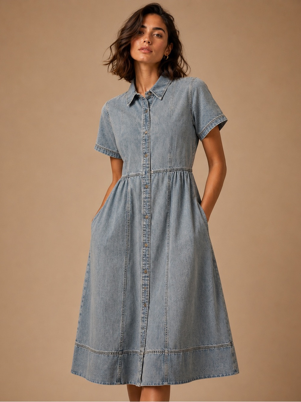 MAYE Chambray Denim Button Front Midi Shirt Dress Size Large Casual Luxe